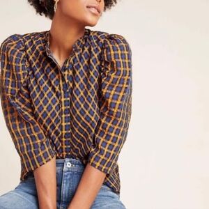 ANTHROPOLOGIE Eva Franco Textured Plaid 3/4 Sleeve Gold Blue Button Blouse Sz 4